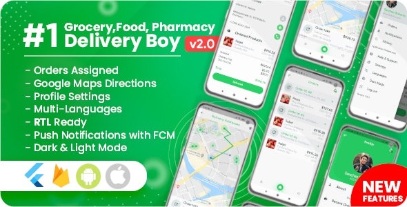Delivery Boy for Groceries, Foods, Pharmacies, Stores Flutter App v2.0.0 - 适用于杂货店、食品、药店和商店的Flutter配送应用