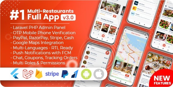 Food Delivery Flutter + PHP Laravel Admin Panel v2.7.0 - 多餐厅外卖应用解决方案
