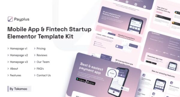 Payplus - 移动应用与金融科技初创企业Elementor模板套件