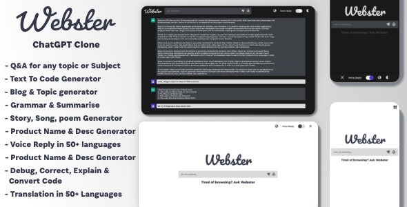 Ai Webster (v1.0.0) ChatGPT 4 & 3.5克隆版 AI图像 AI内容生成器 AI聊天机器人 代码问答 语法 SEO优化