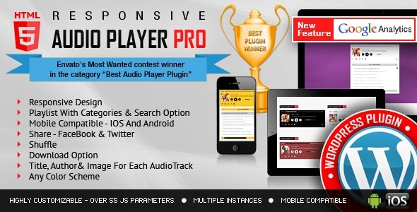 Responsive HTML5 Audio Player PRO (v3.5.7) WordPress插件 - 响应式HTML5音频播放器专业版