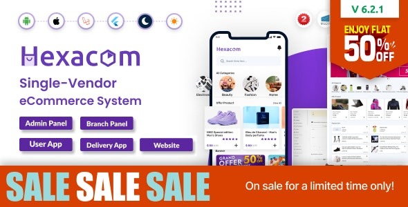 Hexacom v7.2 单供应商电子商务应用程序 - 包含网站、管理面板和配送员应用