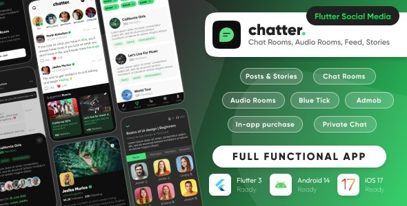 Chatter (3 July 2024) 终极社交媒体解决方案，含聊天室、帖子、故事和聊天功能（Flutter/Laravel）