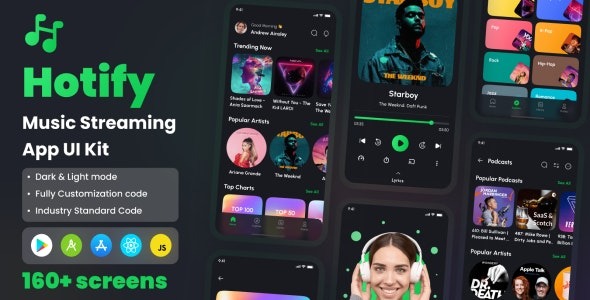 Hotify v1.0 音乐流媒体应用 React Native CLI UI 套件