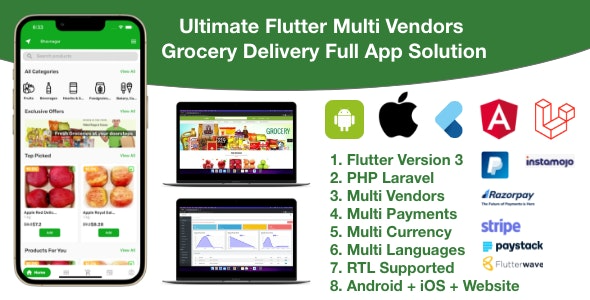 Grocery / Delivery Services / Ecommerce Multi Vendors(Android + iOS + Website) Flutter 3 / Laravel v5.0 - 多平台杂货配送与电商多供应商解决方案