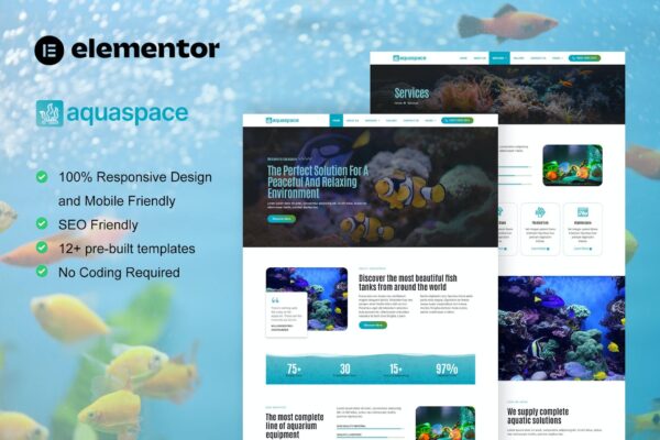 Aquaspace - 鱼类水族馆和水景服务Elementor模板套件