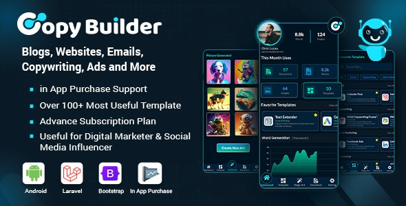 Copy Builder v2.0 – OpenAI ChatGPT AI写作助手、AI图像生成器和SaaS内容创作工具