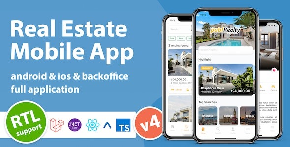 Real Estate Mobile App with Admin Panel v6.0 React Native & PHP Laravel 10.0 - 房地产移动应用与后台管理面板