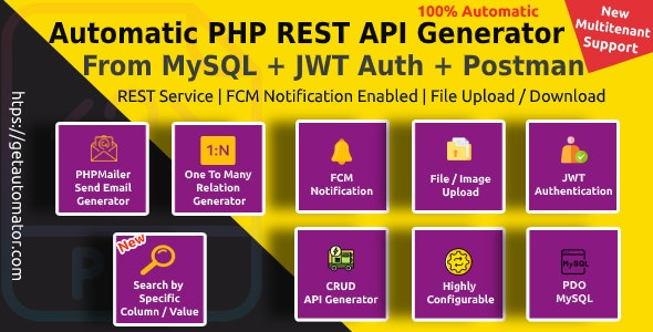 Automatic PHP REST API Generator + Postman Docs from MySQL Database With JWT Token Authentication v4.9 - 自动生成PHP REST API和Postman文档，支持MySQL数据库和JWT令牌认证