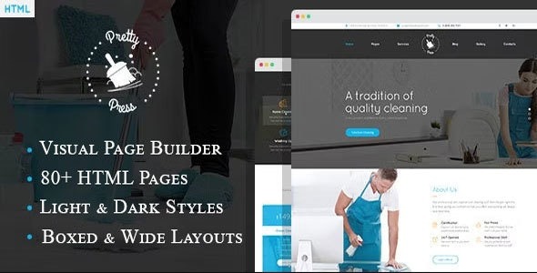 PrettyPress 13 July 2023 清洁服务HTML模板与构建器 - 专业清洁公司网站主题