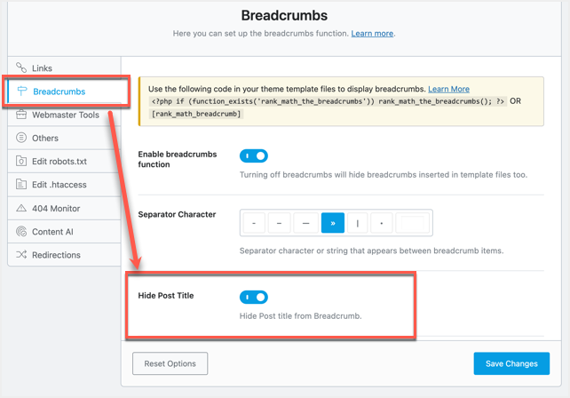 如何将一篇文章的标题从Yoast中的面包屑中去掉，并对数学插件进行排名？